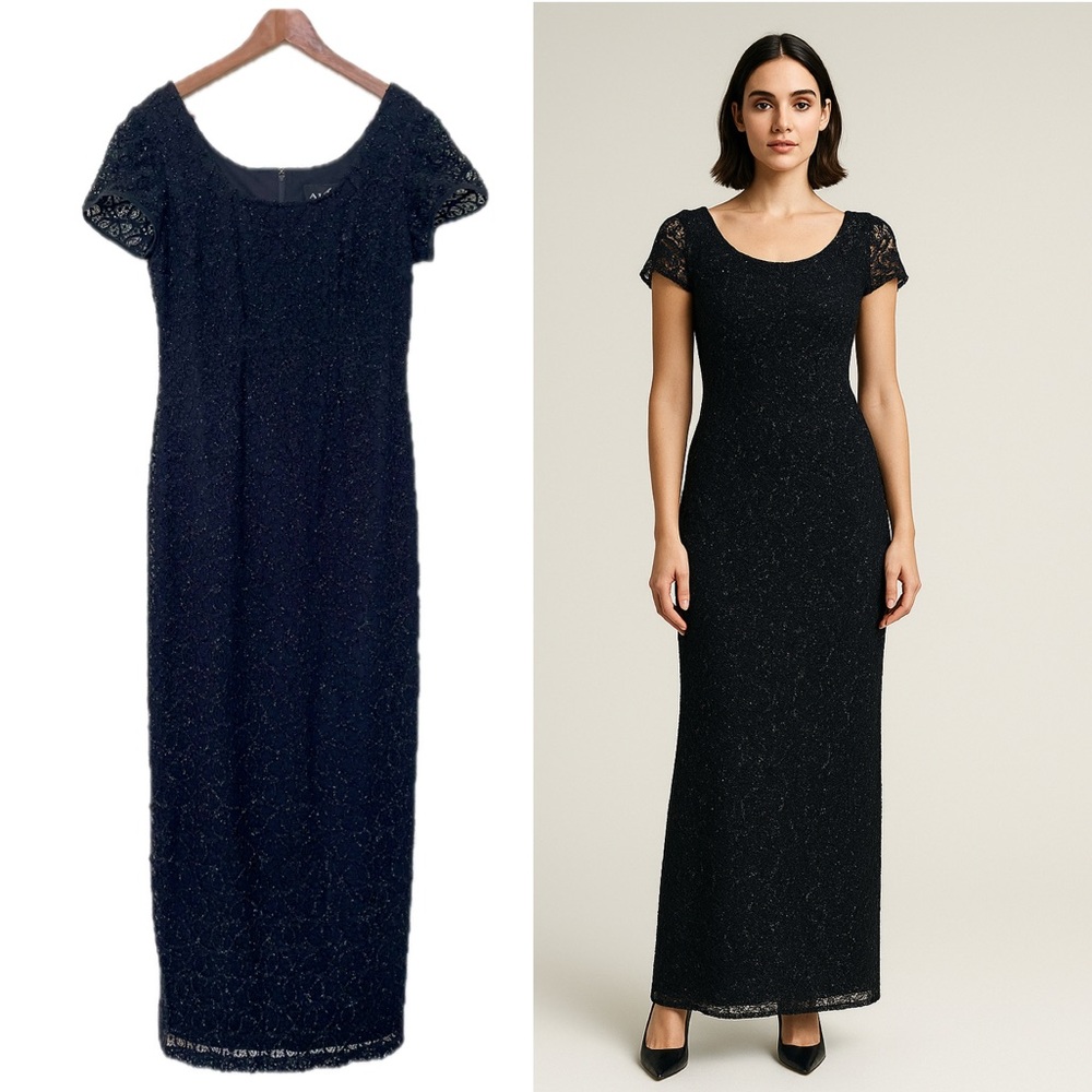 Vintage Algo Black Shimmer Lace Overlay Maxi Dress Evening Gown 16 Full Length